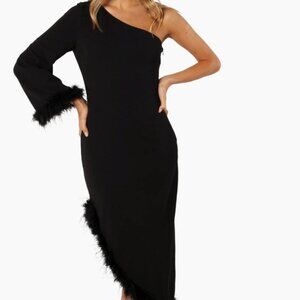 Petal & Pup Dame One Shoulder Feather Midi Dress – Black, Size M